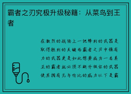 霸者之刃究极升级秘籍：从菜鸟到王者